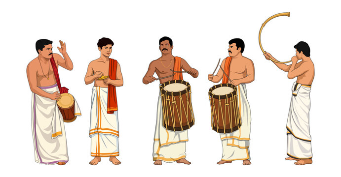 Illustration of five traditional kerala men performing music instruments Chenda, Elathalam, Kombu and Timila, Kerala temple festival and cultural illustration