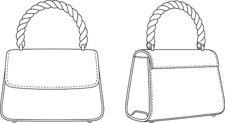 Handbag illustration set, front and side views with twisted rope handle, flap closure, and stitching details, fashion design artwork, flat vector illustration © Miskur Rumi 