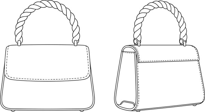 Handbag illustration set, front and side views with twisted rope handle, flap closure, and stitching details, fashion design artwork, flat vector illustration
