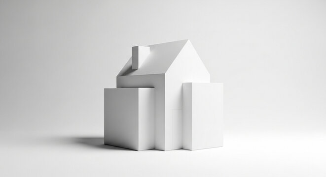 A white 3D house model on a plain background with blocks