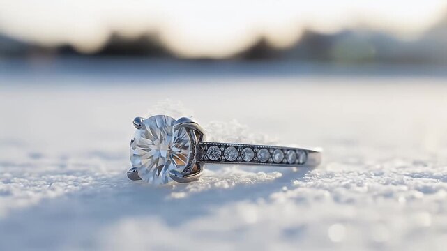 A solitaire diamond ring rests upon fresh snow, softly backlit by the sun