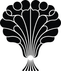 Stylized black and white abstract fan or feather-like floral motif with circular elements decorative