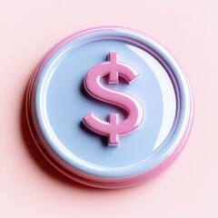 Fototapeta premium glossy pastel pink and blue round coin with a raised dollar sign on a soft background, playful and optimistic 3d finance icon