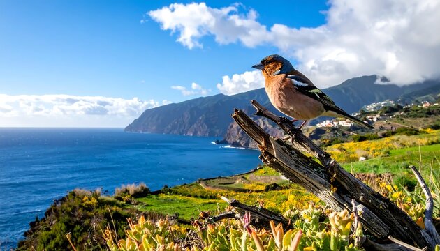 A finch perched on a branch with ocean, mountains, and flowers in the background on a sunny, partly cloudy day