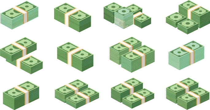 Cash money stack icon set flat vector collection of bundled dollar banknotes finance currency isolated on light background