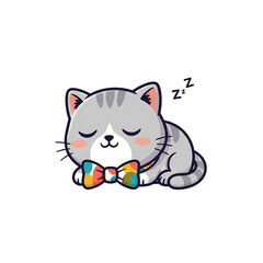 Obraz premium Cartoon gray tabby cat sleeping with colorful polka dot bow tie, dreamy comic style with pink cheeks and cute face, vector illustration