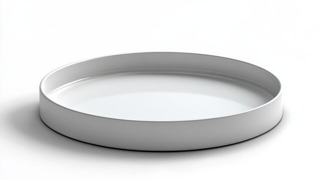 single white shallow circular dish with low rim on white background, empty and sterile minimalist mood