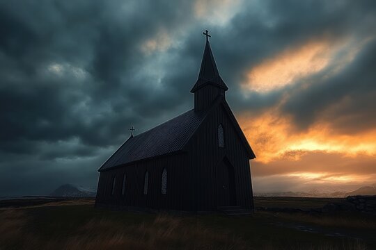Solitary dark wooden church with steeple and crosses beneath stormy clouds and a dramatic orange sunset over windswept grass, evoking solitude and quiet melancholy