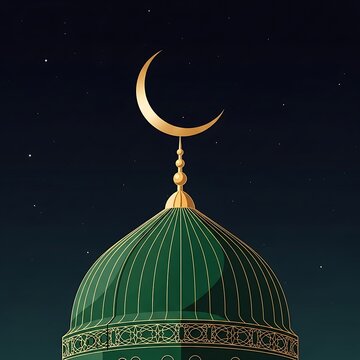 Green mosque dome with golden crescent.