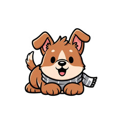 Fototapeta premium Cartoon illustration of a charming brown and beige puppy with a striped gray scarf, lying down and smiling happily, with black outlines