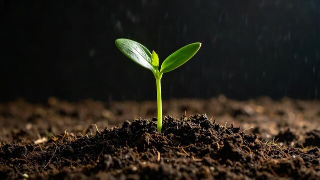 New green sprout emerging from fertile soil with water droplets falling
