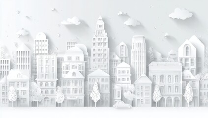 A paper cutout cityscape with buildings and clouds casting long shadows, all in white