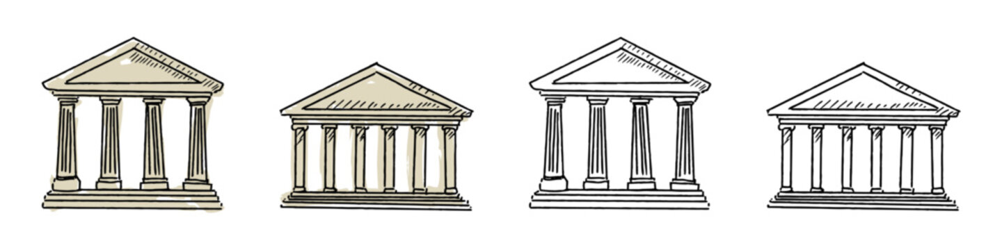 Set editable sketch drawing bank icon vector for finance websites. Ideal for symbolizing wealth management, money saving, and traditional economic institutions.