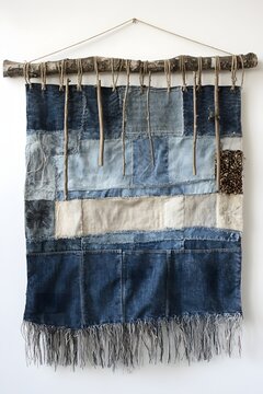 A unique wall hanging crafted from repurposed denim, accented with natural wood branches, creates a rustic and artistic focal point in an eco-conscious home decor.