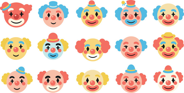 Cute clown face cartoon icon set flat vector collection of circus joker characters isolated on light background