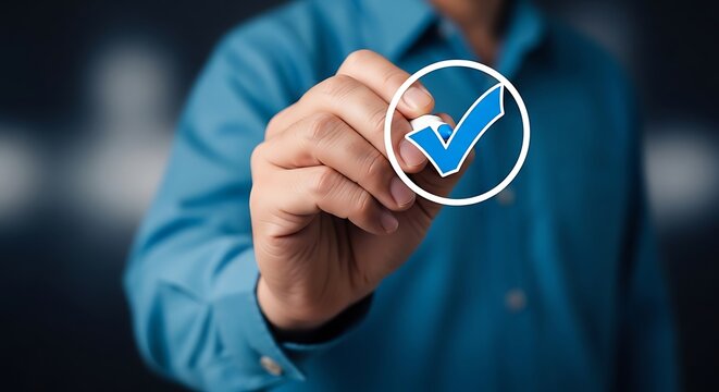 Man in blue shirt holding checkmark hand white circle