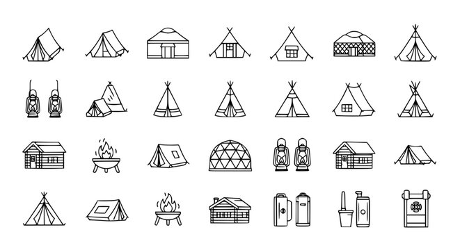 Glamping Icon Outline Set Vector Tents Yurts Cabins Adventure Camping Collection