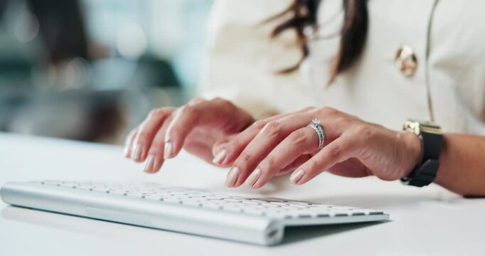 Hands, woman and typing on computer in office for news story, article publication and editing. Publishing agency, journalist and tech at desk for editor feedback, submission draft or creative process
