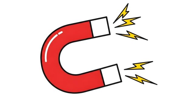 A classic red horseshoe magnet attracting golden lightning bolts.