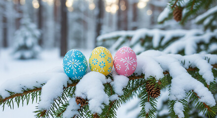 snow covered fir tree colorful easter eggs