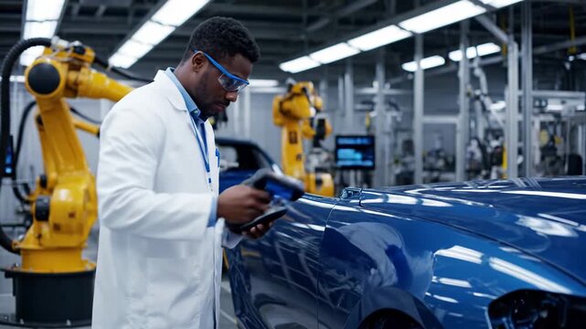 Focused man technician in white coat examines tablet beside blue car in industrial facility