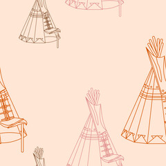 Editable Vector of Outline Oblique View Native American Tent Illustration in Various Colors as Seamless Pattern for Creating Background of Traditional Culture and History Related Design © faqeeh