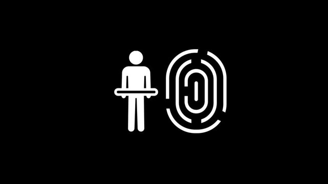 Human figure standing next to a fingerprint icon symbolizes the link between an individual identity and their unique personal biometric data profile