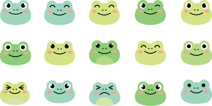Cute frog face emoji cartoon icon set flat vector collection of funny amphibian expressions isolated on light background