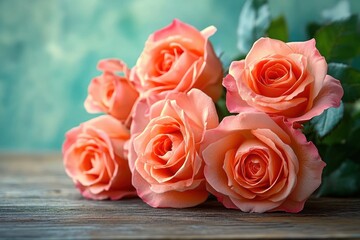Obraz premium Six peach roses on a rustic wooden table with soft teal bokeh background, evoking romance and gentle serenity