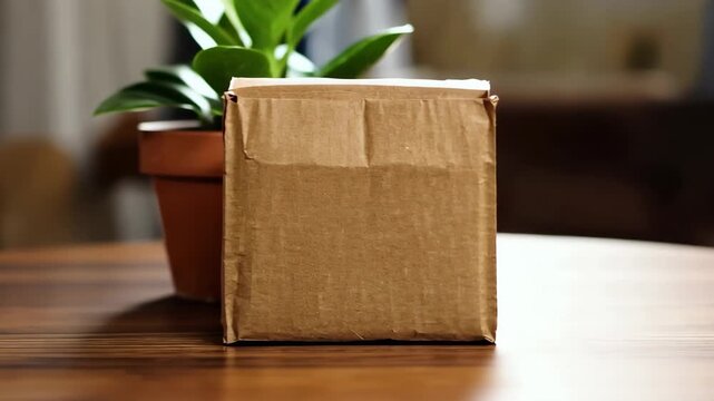 Biodegradable packaging on wooden table with plants present during afternoon in bright light