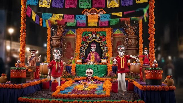 Vibrant Day of the Dead altar with skeletons, marigolds, papel picado, and offerings