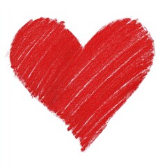 A red heart drawn with crayon, textured, on a white background