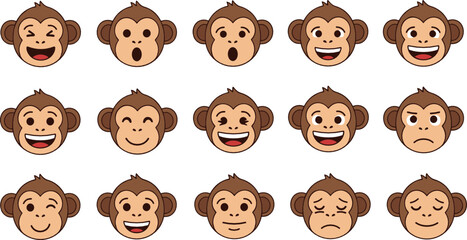 Cute monkey face cartoon icon set flat vector collection of funny primate expressions isolated on light background © MdNazmul