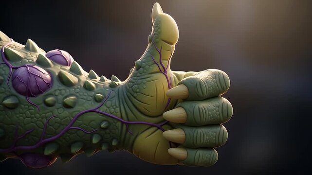 Detailed view of a green, textured reptilian arm and hand with purple veins/growths