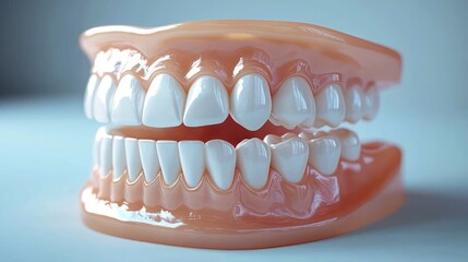Obraz premium glossy acrylic upper and lower denture set with full white teeth slightly open, clean clinical appearance conveying hygienic reassurance