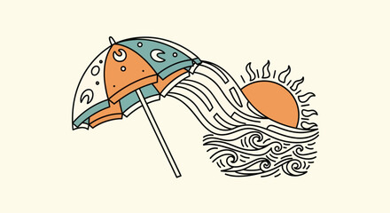 Colorful beach umbrella with sun and ocean waves illustration © Gozel