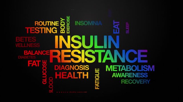 Insulin resistance concept Animated Tag Word Cloud kinetic typography, Text Design Animation typography seamless loop video motion graphics Intro Wordart rainbow type on black background backdrop bg