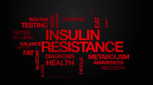 Insulin resistance concept Animated Tag Word Cloud kinetic typography, Text Design Animation typography seamless loop video motion graphics Intro Wordart red type on black background backdrop bg
