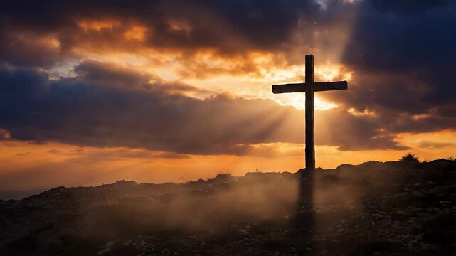 Sunbeams pierce dramatic clouds illuminating lone cross on hilltop at sunrise, religious symbol