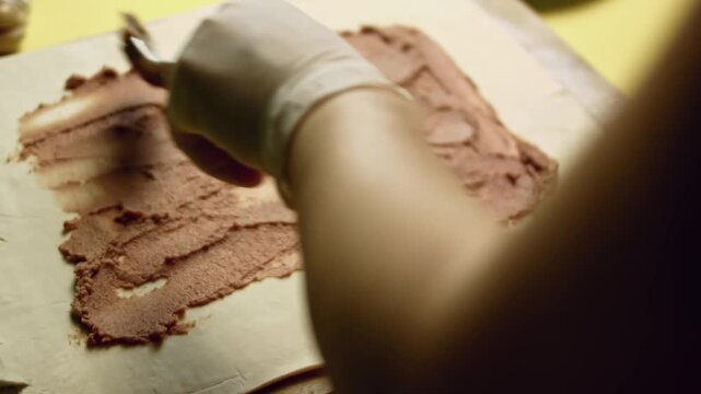 Covering the sheet of puffy pastry with a layer of meat pate