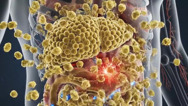 Close-up 3D render of fat cells surrounding internal organs, illustrating metabolic health and disease