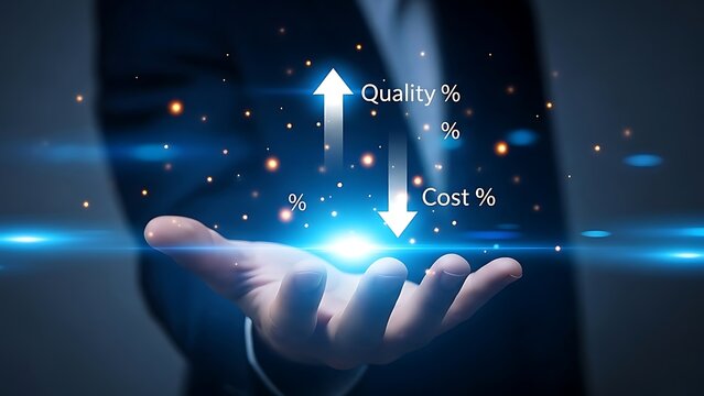 Person's hand displays quality and cost arrows, with data-driven concepts