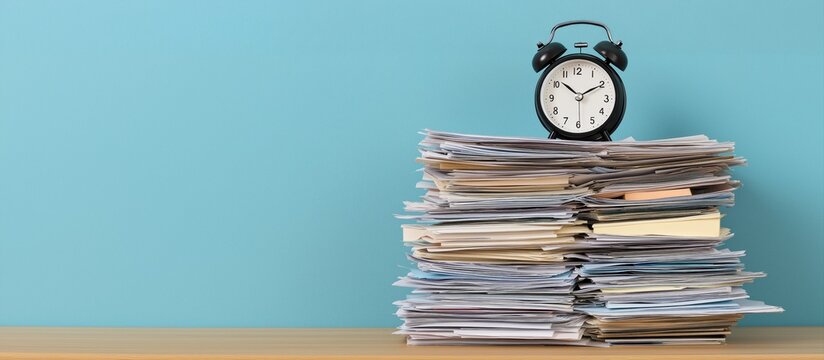 Alarm clock sitting on a high stack of documents and files, representing office workload, deadlines, stress, and time management against a blue background