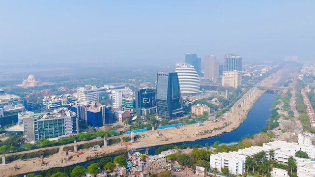 Modern Architecture in Sector 18 Noida India: Aerial View of the Building and City Skyline at Haze. Top down Buildings and Apartment with Multiple Building aerial.