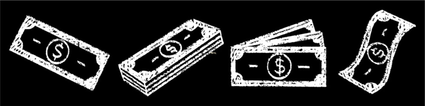 Set editable chalk drawing paper money vector for math lessons. Ideal for symbolizing school fundraisers, economic studies, and classic chalkboard commerce.