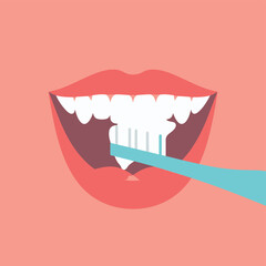 Obraz premium Close up minimalist illustration depicts an open mouth with bright white teeth actively being brushed with a light blue toothbrush and white foam demonstrating daily oral hygiene practice.