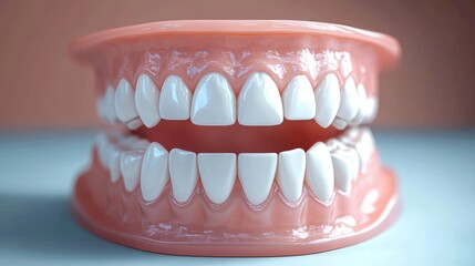 Obraz premium close-up glossy pair of pink-gummed upper and lower dentures with bright white teeth slightly parted in a clean clinical smile