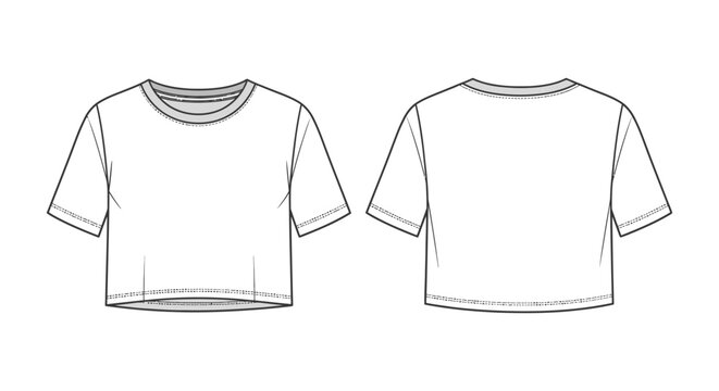 womens white crop top t-shirt technical flat sketch front and back views a detailed vector illustration for fashion apparel design templates.