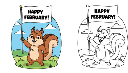 Fototapeta premium Cute cartoon squirrel holding a white flag with Happy February text, happy animal vector illustration standing on green grass with blue sky background.