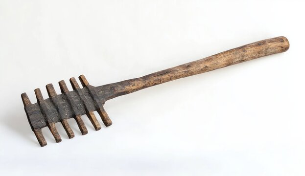 worn wooden tool with long handle and rectangular peg head, rustic aged implement evoking nostalgia, hard work and handcrafted rural craftsmanship